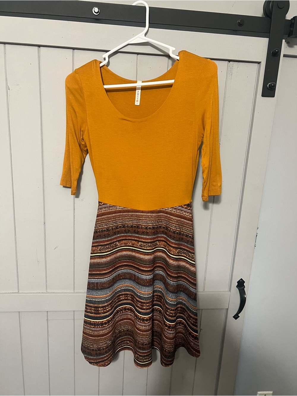 Gilli Mustard Yellow Scoop-Neck Midi Dress with Striped Skirt